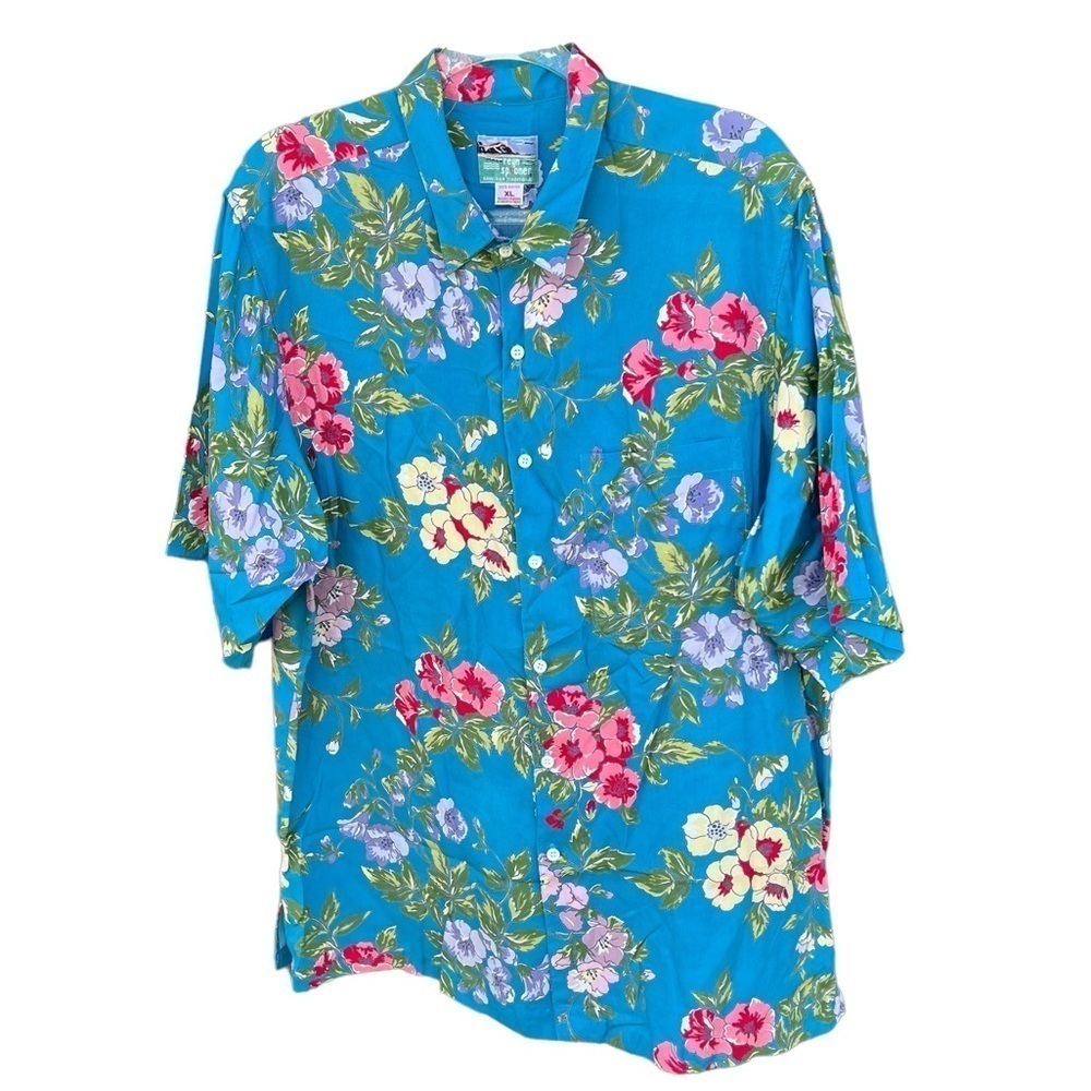 VTG Reyn Spooner Hawaiian Traditions Bright Blue Floral Hawaiian Shirt Rayon XL